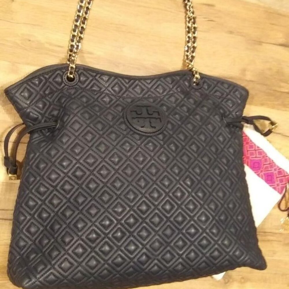 Tory Burch Quilted Diamond Marion Slouchy Tote Bag Navy